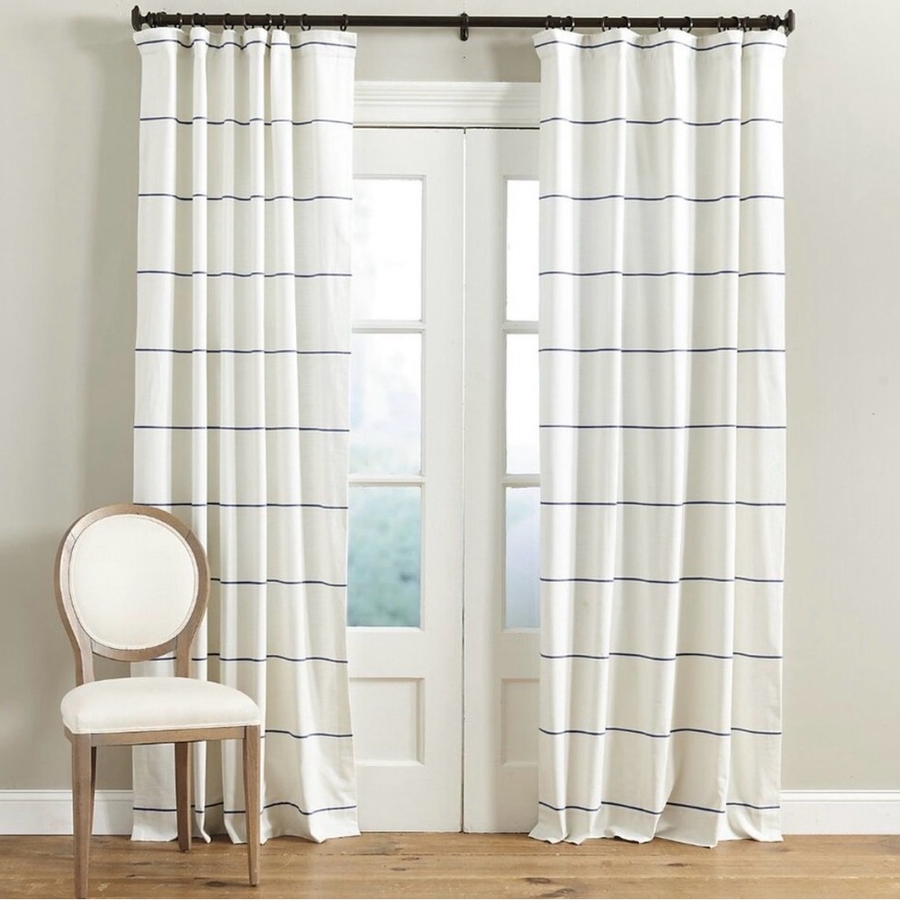 Ballard Designs Bowen striped curtain panel. 50x108”. White and tan (not blue)